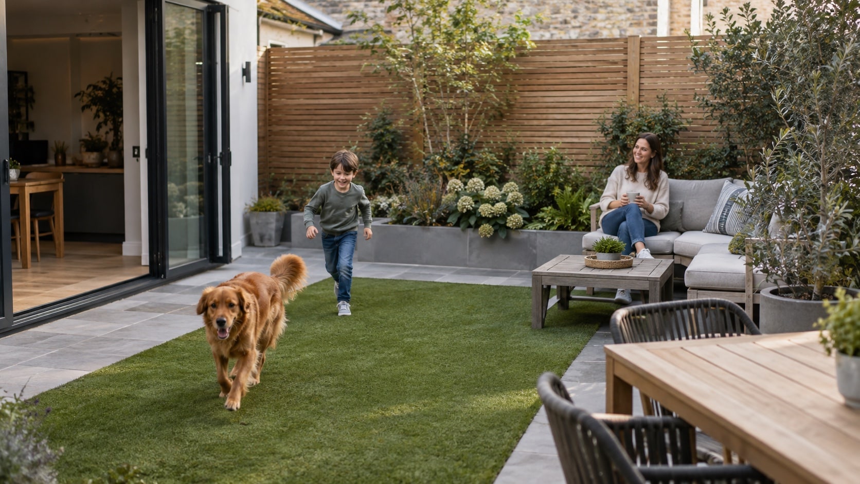 Is Synthetic Lawn the Right Choice for You Finished low-maintenance courtyard with synthetic lawn, planting, paving and family-and-pet friendly layout - Handy Home Finished low-maintenance courtyard with synthetic lawn, planting, paving and family-and-pet friendly layout