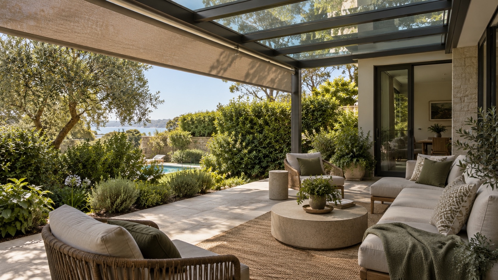 Balanced Shade and Privacy Around Glass Glass-covered patio using tint, shade and landscaping to manage heat and privacy - Handy Home Glass-covered patio using tint, shade and landscaping to manage heat and privacy