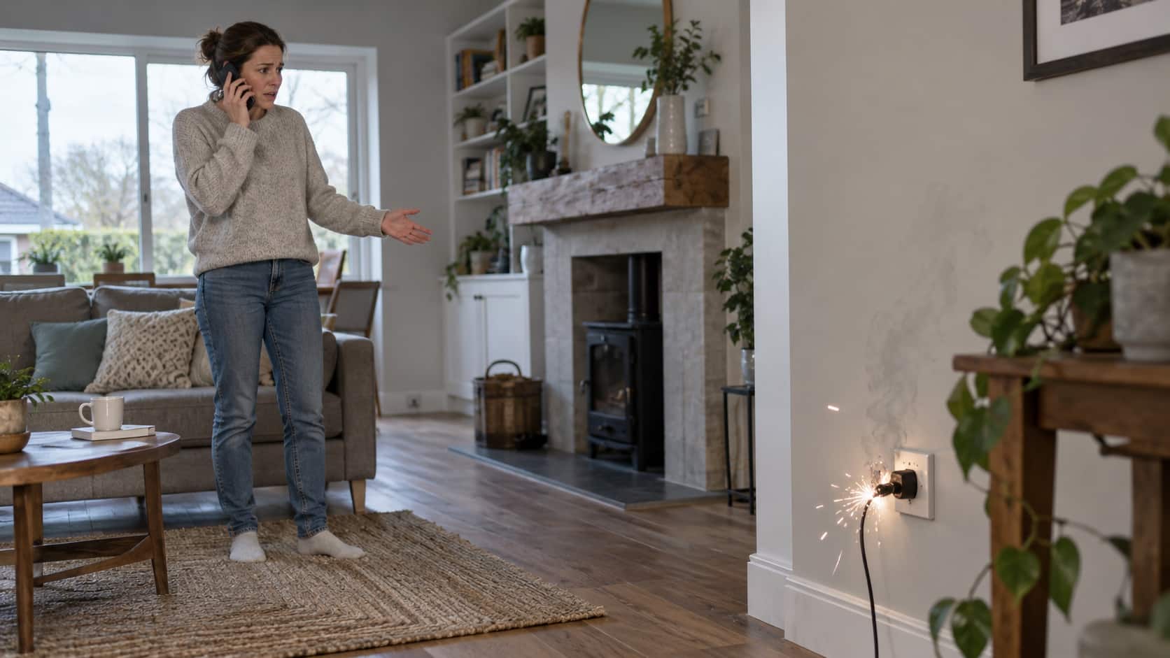 Act Quickly and Call an emergency electrician sydney When It Is Safe A homeowner standing well back from a sparking wall outlet while calling emergency help, no contact with the hazard - Handy Home A homeowner standing well back from a sparking wall outlet while calling emergency help, no contact with the hazard