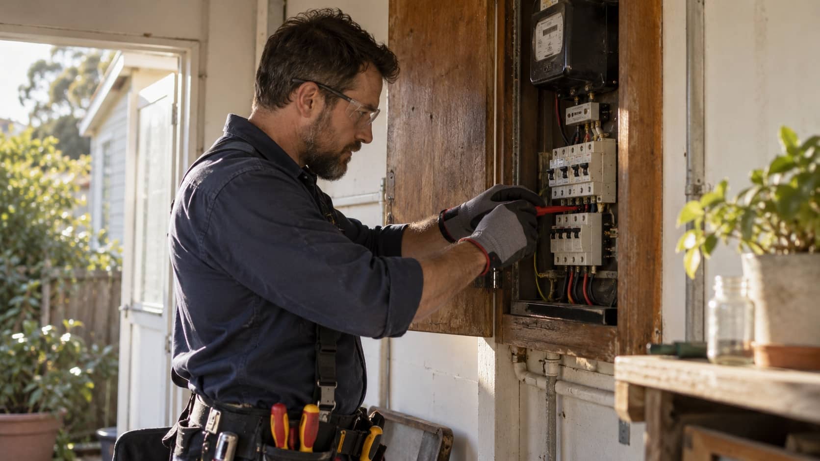 Know When a Fault May Point to a Switchboard Issue Licensed electrician inspecting an older home switchboard with insulated tools and safety equipment - Handy Home Licensed electrician inspecting an older home switchboard with insulated tools and safety equipment