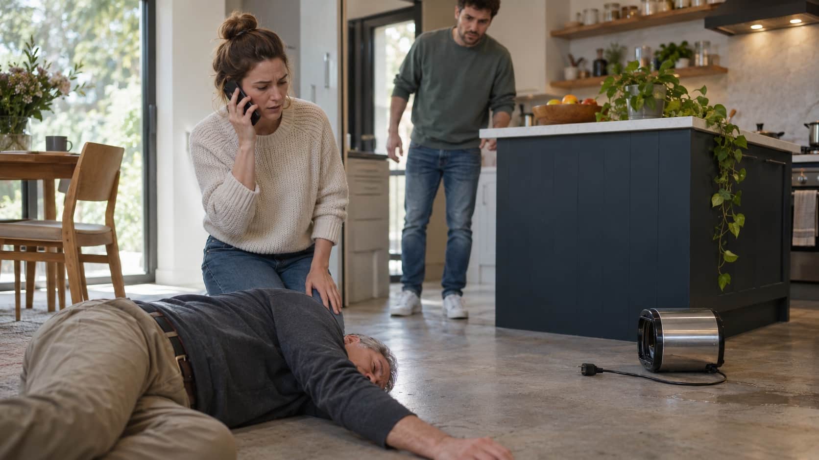 What to Do if Someone Receives an Electric Shock A safe first-aid response scene with one person calling emergency services while everyone stays clear of an unplugged appliance - Handy Home A safe first-aid response scene with one person calling emergency services while everyone stays clear of an unplugged appliance