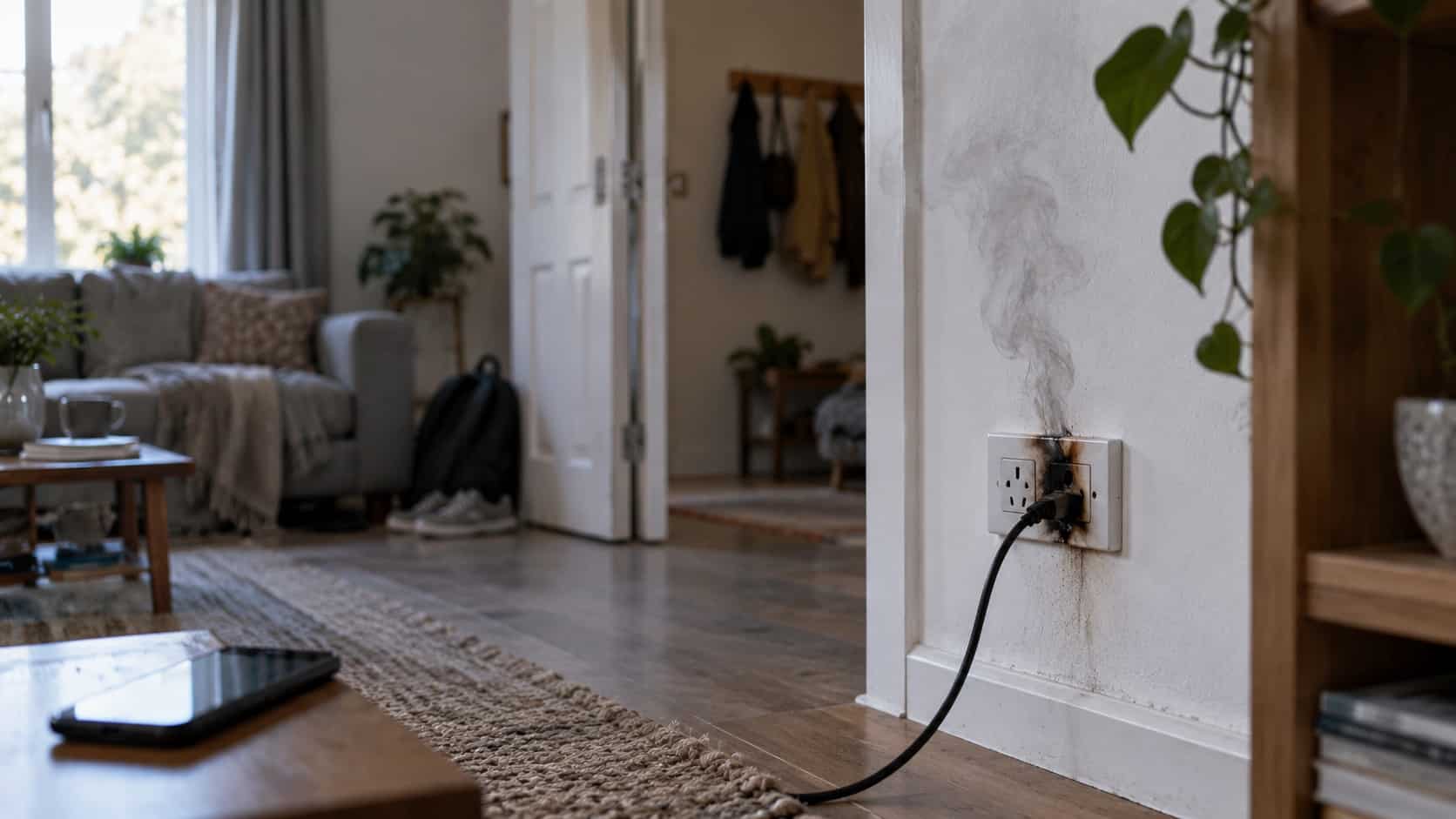 What to Do if You See Smoke Sparks or an Electrical Fire Smoke beginning near a damaged power outlet with the room evacuated and a phone call for emergency services, no person touching equipment - Handy Home Smoke beginning near a damaged power outlet with the room evacuated and a phone call for emergency services, no person touching equipment