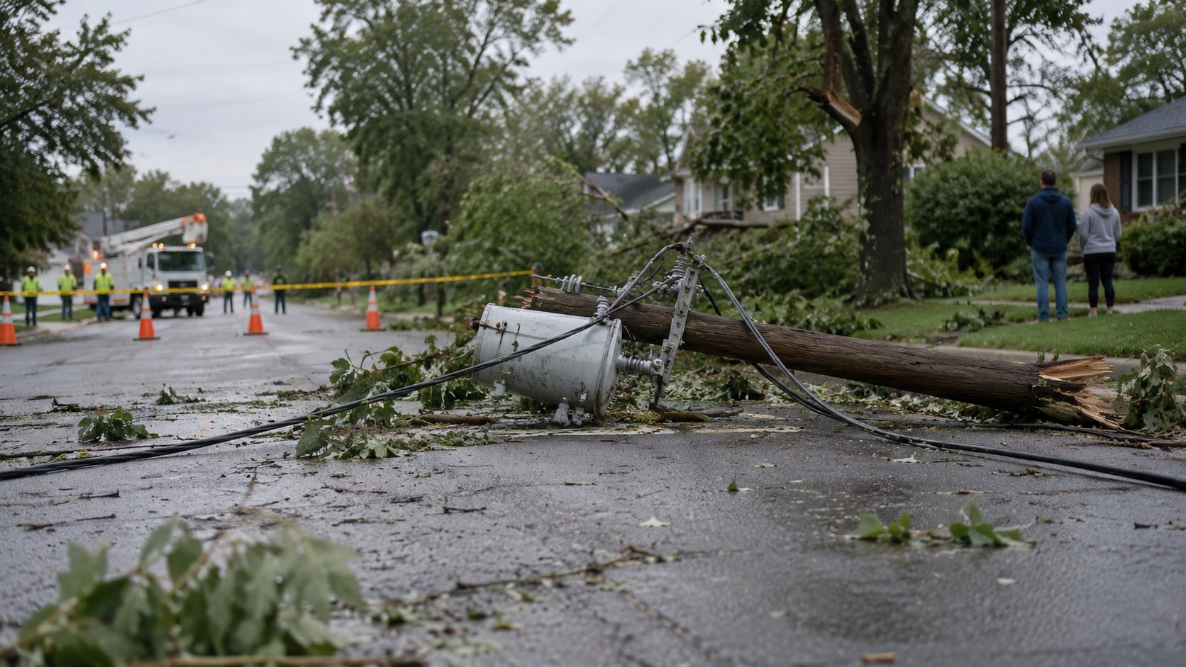 Stay Away From Fallen Powerlines and Damaged Outdoor Wiring Fallen powerline on a suburban street after a storm, safety perimeter and people kept far away - Handy Home Fallen powerline on a suburban street after a storm, safety perimeter and people kept far away