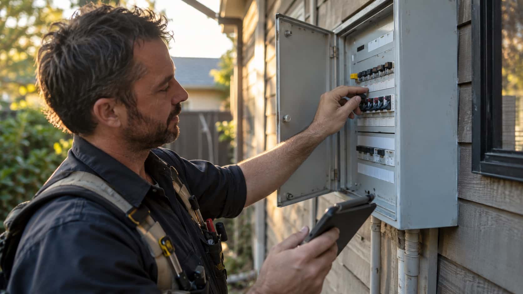 Respond Safely to a Tripped Safety Switch Close view of a modern safety switch panel being checked by a licensed electrician, clear labels blurred and unreadable - Handy Home Close view of a modern safety switch panel being checked by a licensed electrician, clear labels blurred and unreadable