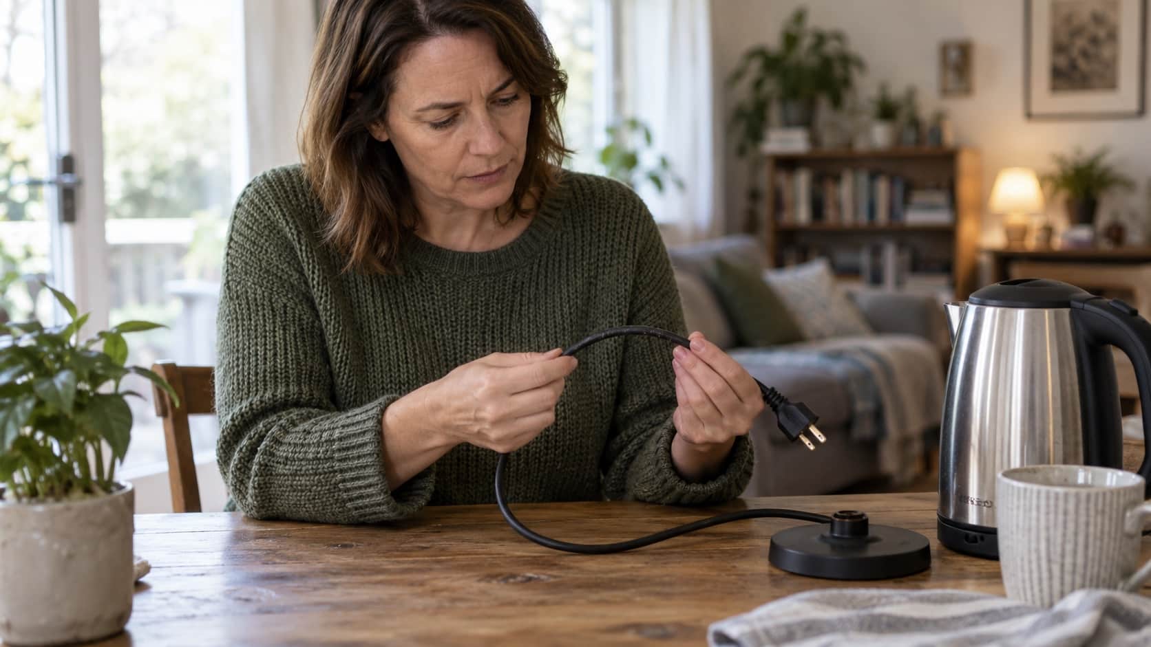 Prevent Electrical Emergencies at Home Homeowner visually checking a power lead for damage on a dry table, unplugged equipment and safe conditions - Handy Home Homeowner visually checking a power lead for damage on a dry table, unplugged equipment and safe conditions