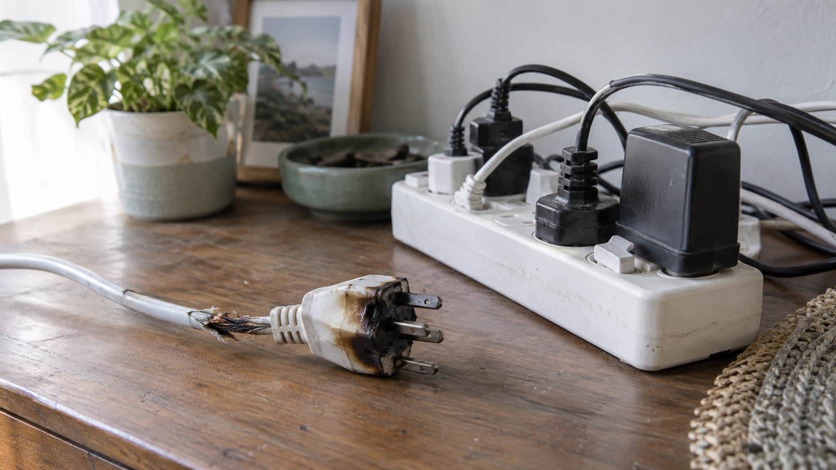 Electrical Warning Signs Detailed still life of a scorched plug, frayed cable and overloaded power board displayed as warning examples, disconnected from power - Handy Home Detailed still life of a scorched plug, frayed cable and overloaded power board displayed as warning examples, disconnected from power