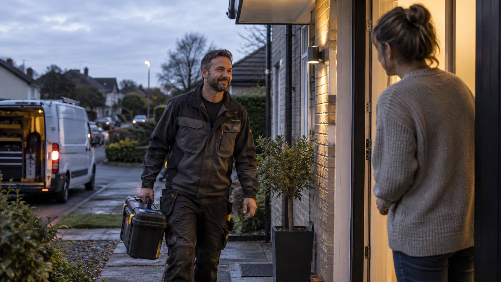 Get Professional Help Before the Problem Gets Worse Emergency electrician arriving at a suburban home with tool case at dusk, professional and reassuring - Handy Home Emergency electrician arriving at a suburban home with tool case at dusk, professional and reassuring
